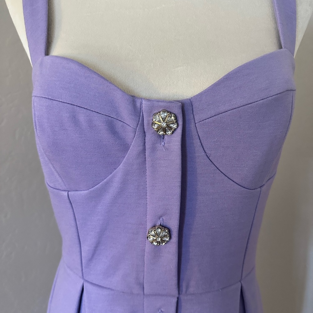 ASOS lavender dress with corset detail and rhinestone buttons